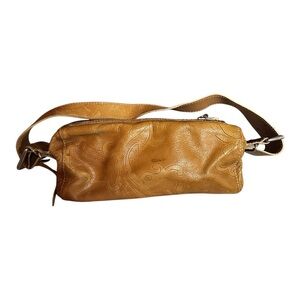 Vtg Facondini Italy Leather Barrel Bag Embossed Leaf Print Tan Brown Boho Y2K